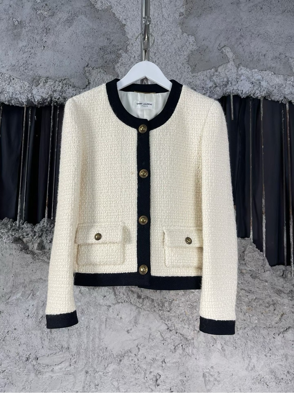 Authentic Saint Laurent Cream Tweed Contrast-Trim Jacket